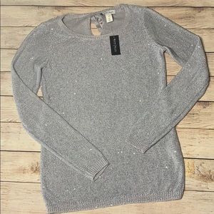 White House Black Market Grey Blue Sequin Sweater with Tie Medium